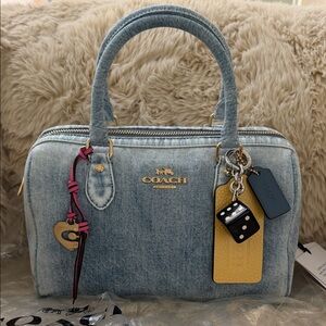 NWT Coach Medium Rowan satchel in Love Denim with  keychain and Pink coach tag